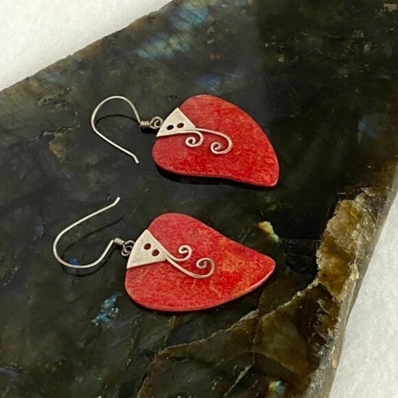 Sterling Silver 925 1.83" Red Sponge Coral Scrollwork Dangle Earrings 4.6g - Picture 9 of 16